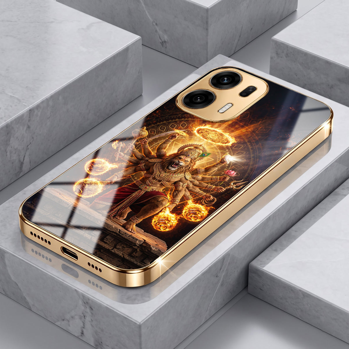 Oppo K14 Plus 5G Lord Narasimha Gold Electroplated Glass Phone Back Case