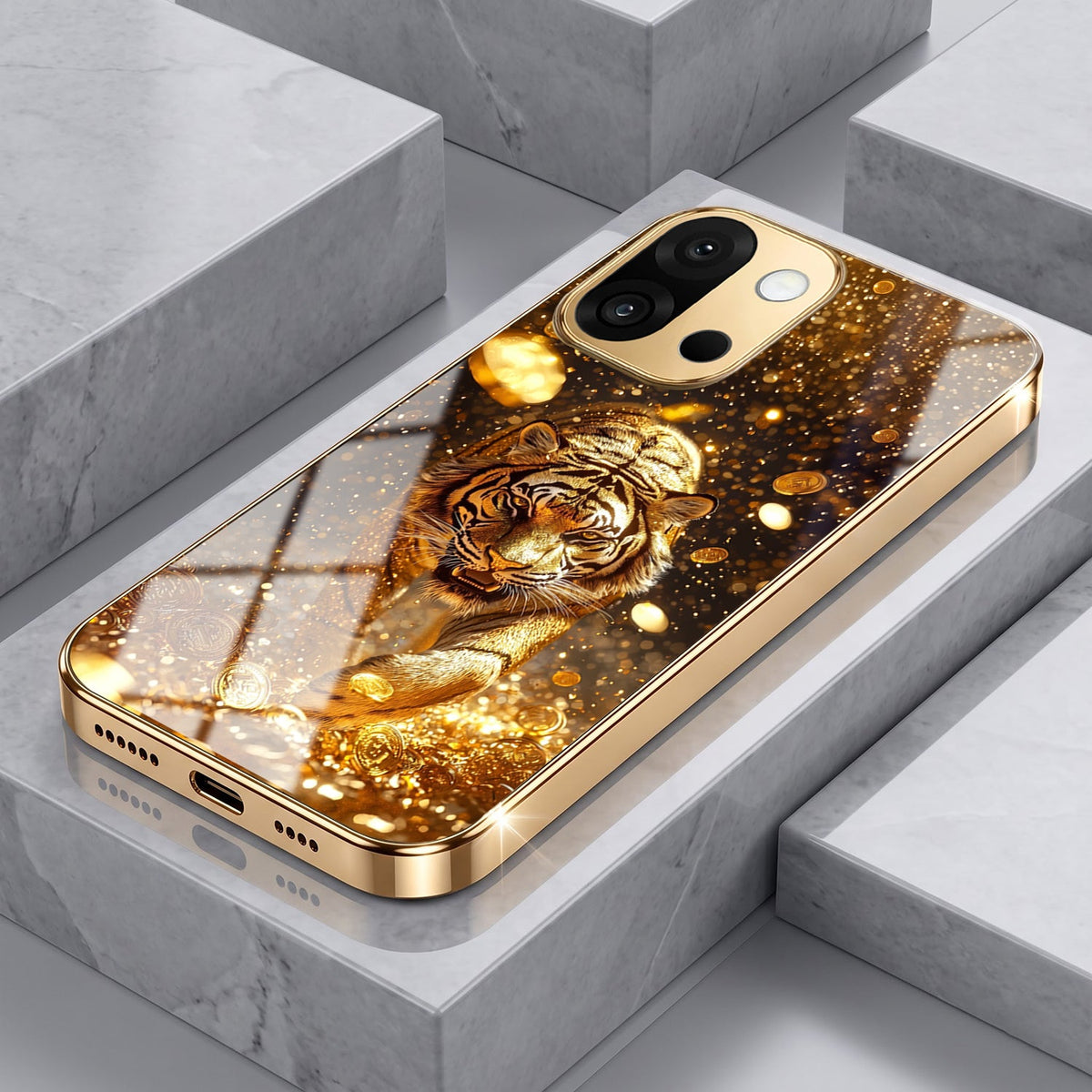 OnePlus 13s 5G Luxury Tiger Gold Electroplated Glass Phone Back Case