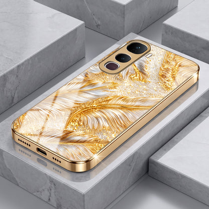 Vivo Y400 Pro 5G Golden Feather Marble Gold Electroplated Glass Phone Back Case