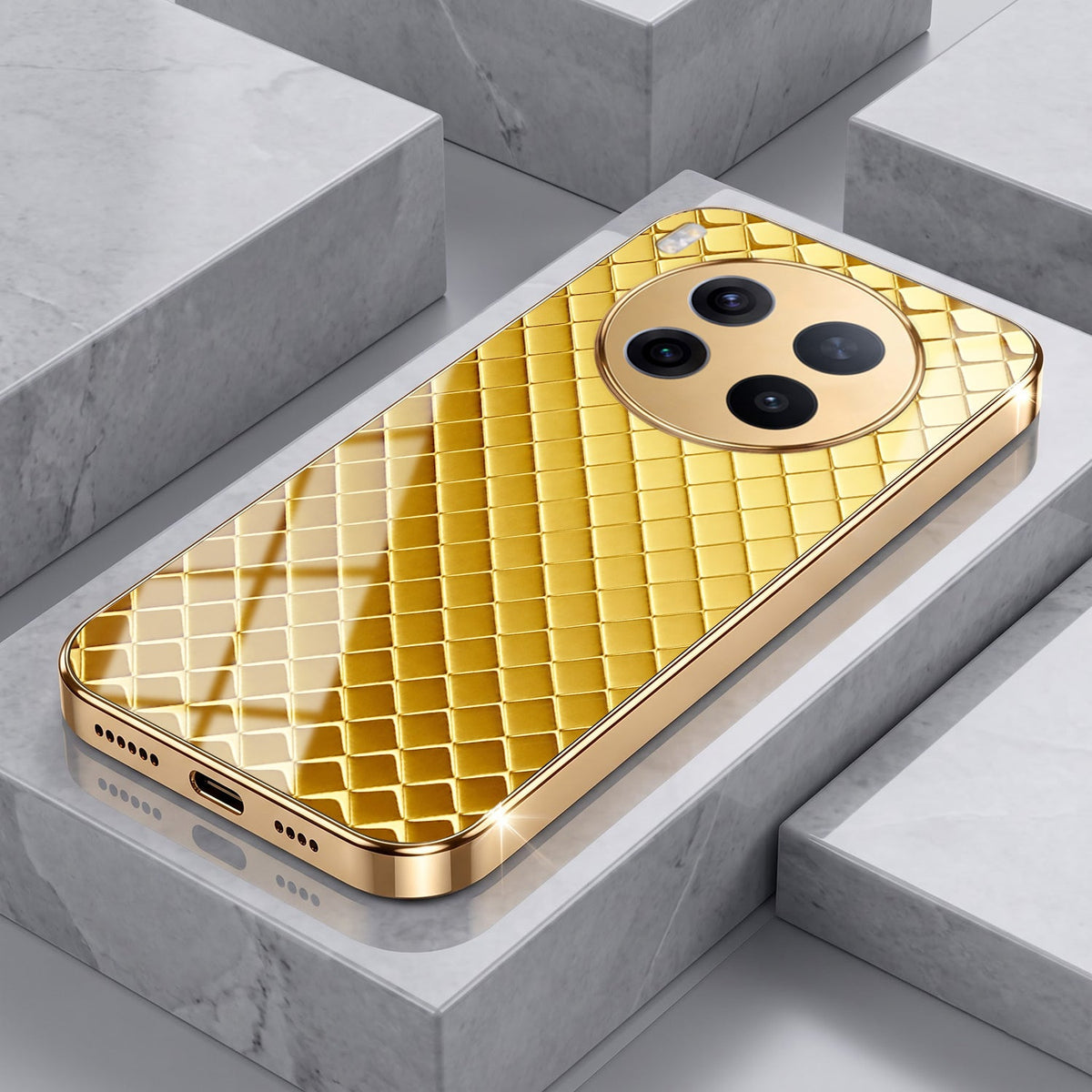 Vivo X300 Pro 5G  Golden Criss Cross Gold Electroplated Glass Phone Back Case