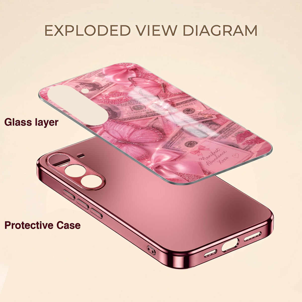 Samsung Galaxy A56 5G Luxury Dollar Butterfly Pink Electroplated Glass Phone Back Case