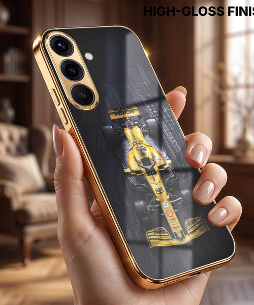 Samsung Galaxy A36 5G F1 Racing Car Gold Electroplated Glass Phone Back Case