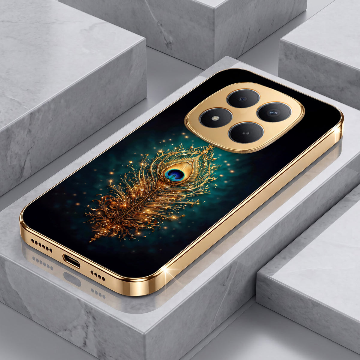 Redmi Note 15 Pro+ 5G Golden Peacock Feather Gold Electroplated Glass Phone Back Case