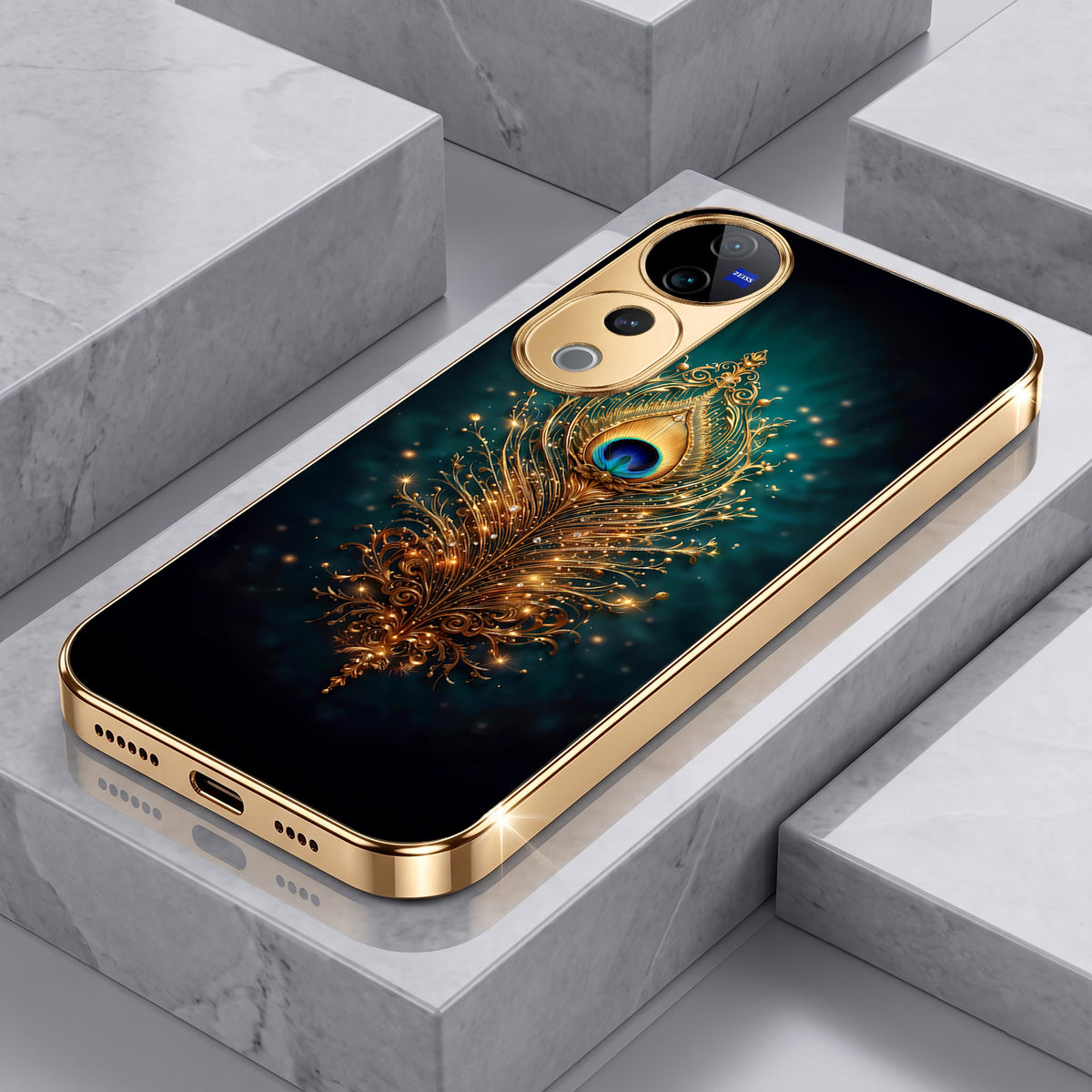Vivo V40 Pro 5G Golden Peacock Feather Gold Electroplated Glass Phone Back Case