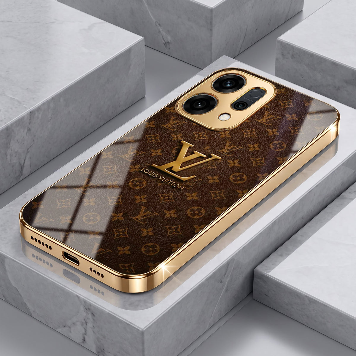 Oppo Reno 14 5G LV Brown Monogram Gold Electroplated Glass Phone Back Case