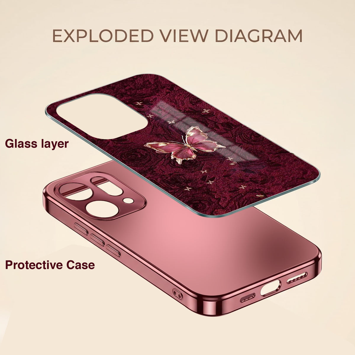 Oppo Reno 14 5G Butterfly Burgundy Electroplated Glass Back Case