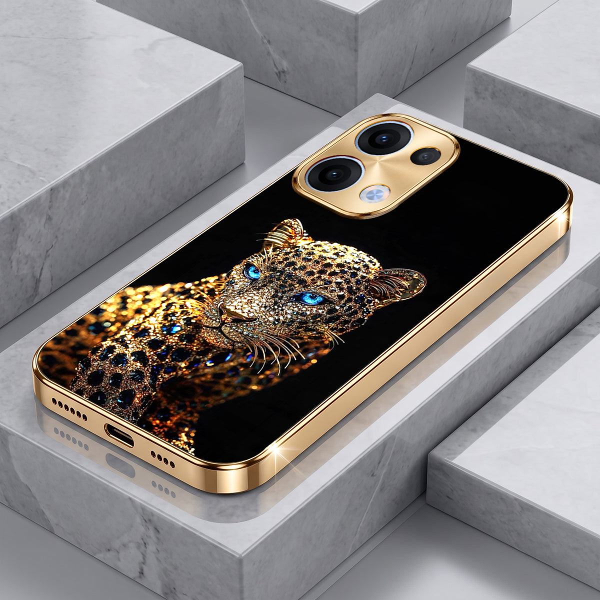 Oppo Reno 13 5G Panther Gold Electroplated Glass Phone Back Case