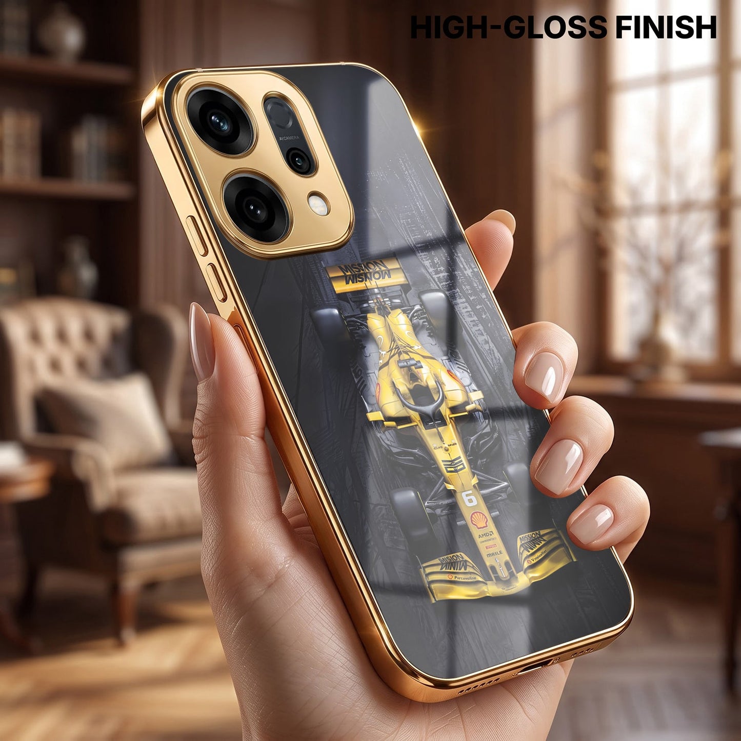 Oppo Reno 14 5G F1 Racing Car Gold Electroplated Glass Phone Back Case
