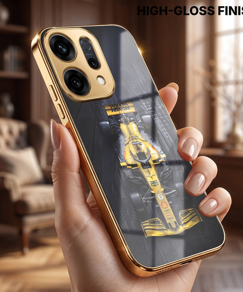 Oppo Reno 14 5G F1 Racing Car Gold Electroplated Glass Phone Back Case