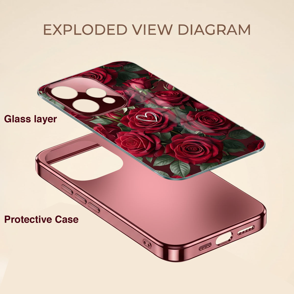 Oppo Reno 15 5G Rose Heart Burgundy Electroplated Glass Back Case