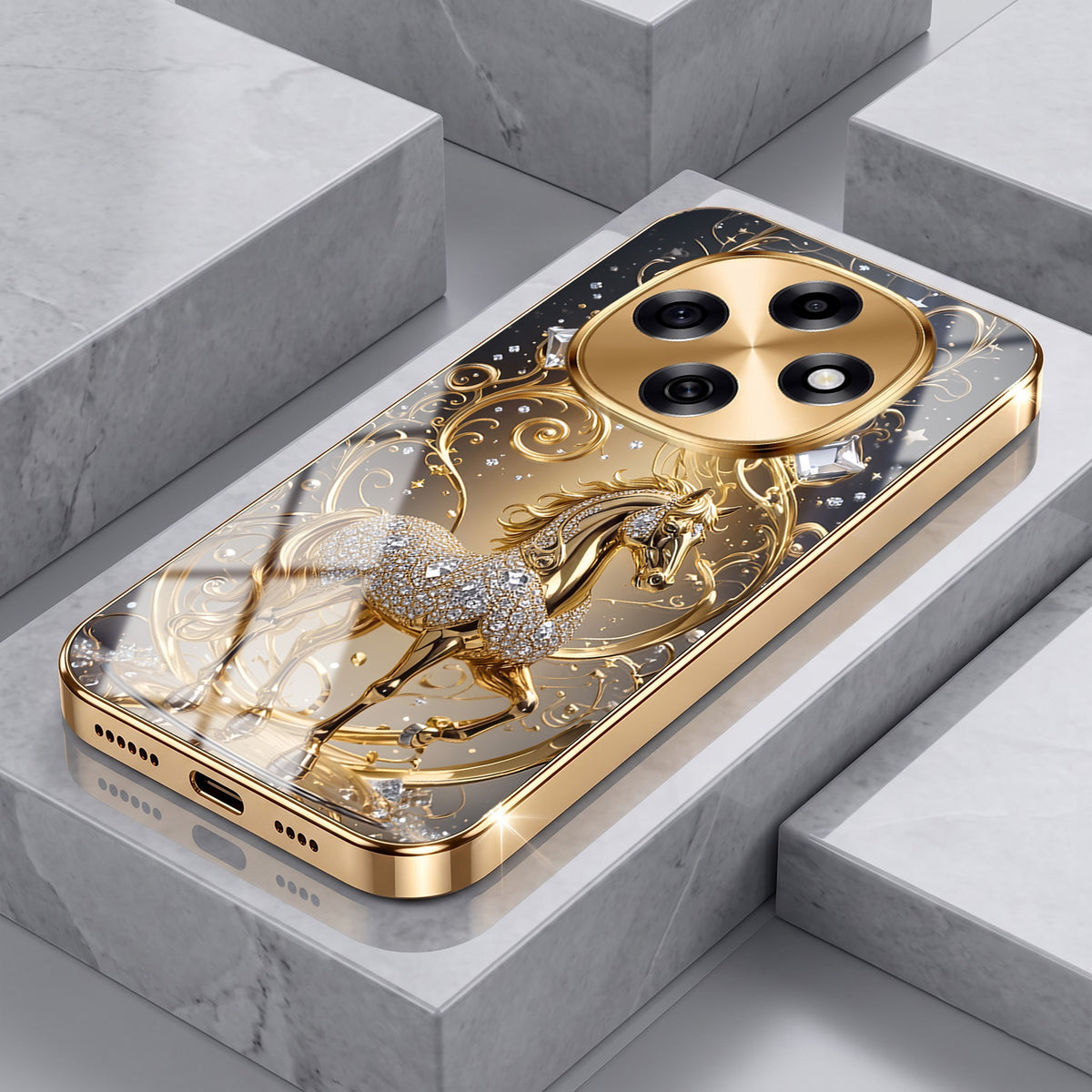 OPPO F31 Pro 5G Luxury Horse Texture Gold Electroplated Glass Phone Back Case