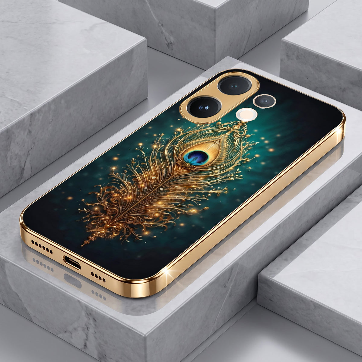 Vivo V60 5G Golden Peacock Feather Gold Electroplated Glass Phone Back Case