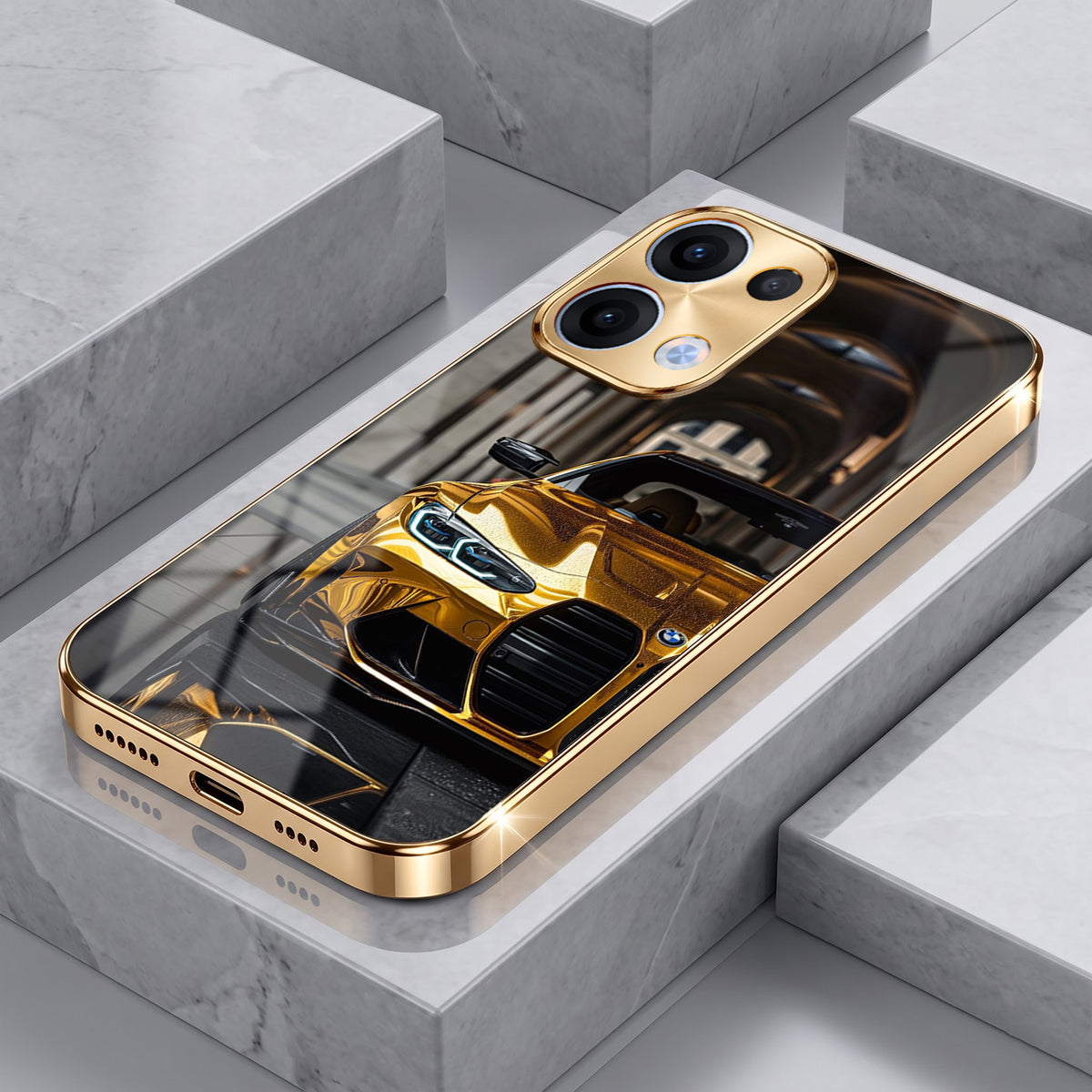 Oppo Reno 13 5G Golden BMW Gold Electroplated Glass Phone Back Case
