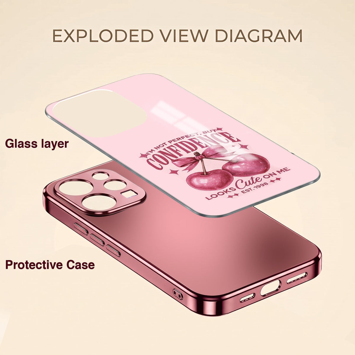 Vivo V70 5G Luxury Cherry Bow Pink Electroplated Glass Phone Back Case