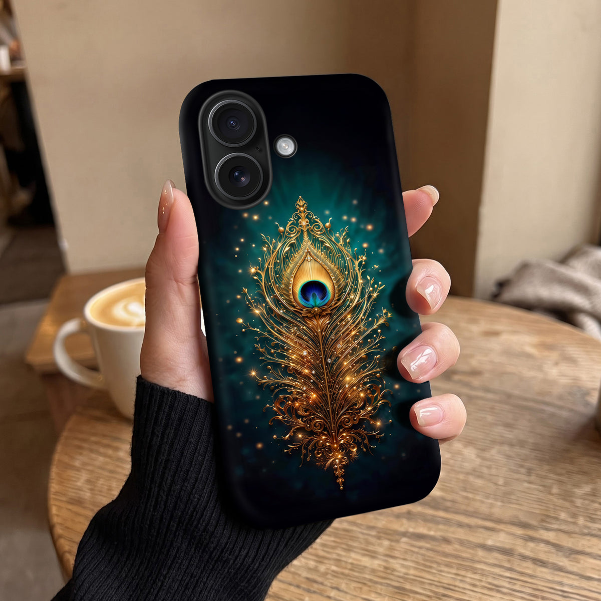 iPhone 16 5G Golden Peacock Feather Protective Case