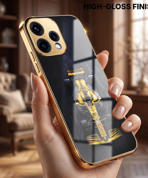 Oppo Reno 15 5G F1 Racing Car Gold Electroplated Glass Phone Back Case