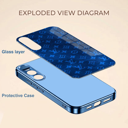 Vivo V70 FE 5G Luxury Monogram Blue Electroplated Glass Phone Back Case