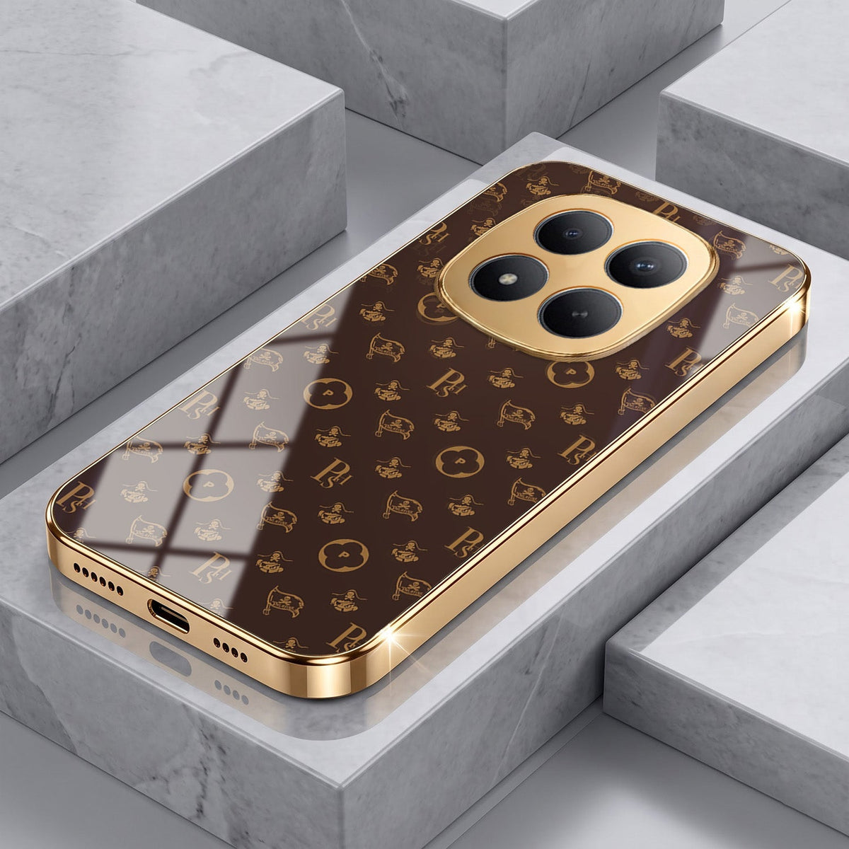 Redmi Note 15 Pro Plus 5G Luxury Monogram Brown Gold Electroplated Glass Phone Back Case