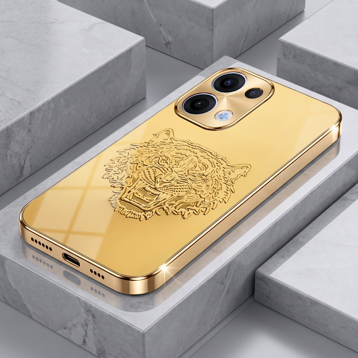 Oppo Reno 13 5G Golden Tiger Face Gold Electroplated Glass Phone Back Case