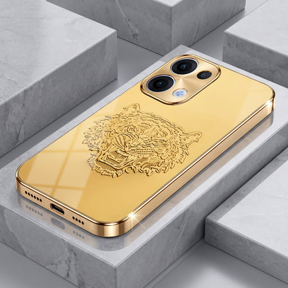 Oppo Reno 13 5G Golden Tiger Face Gold Electroplated Glass Phone Back Case