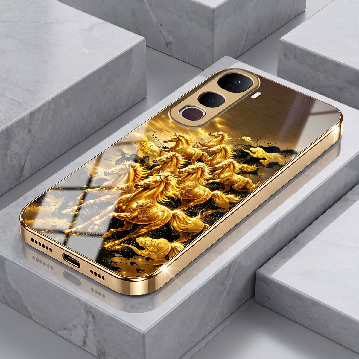 Vivo Y400 Pro 5G Celestial Seven Horses Gold Electroplated Glass Phone Back Case