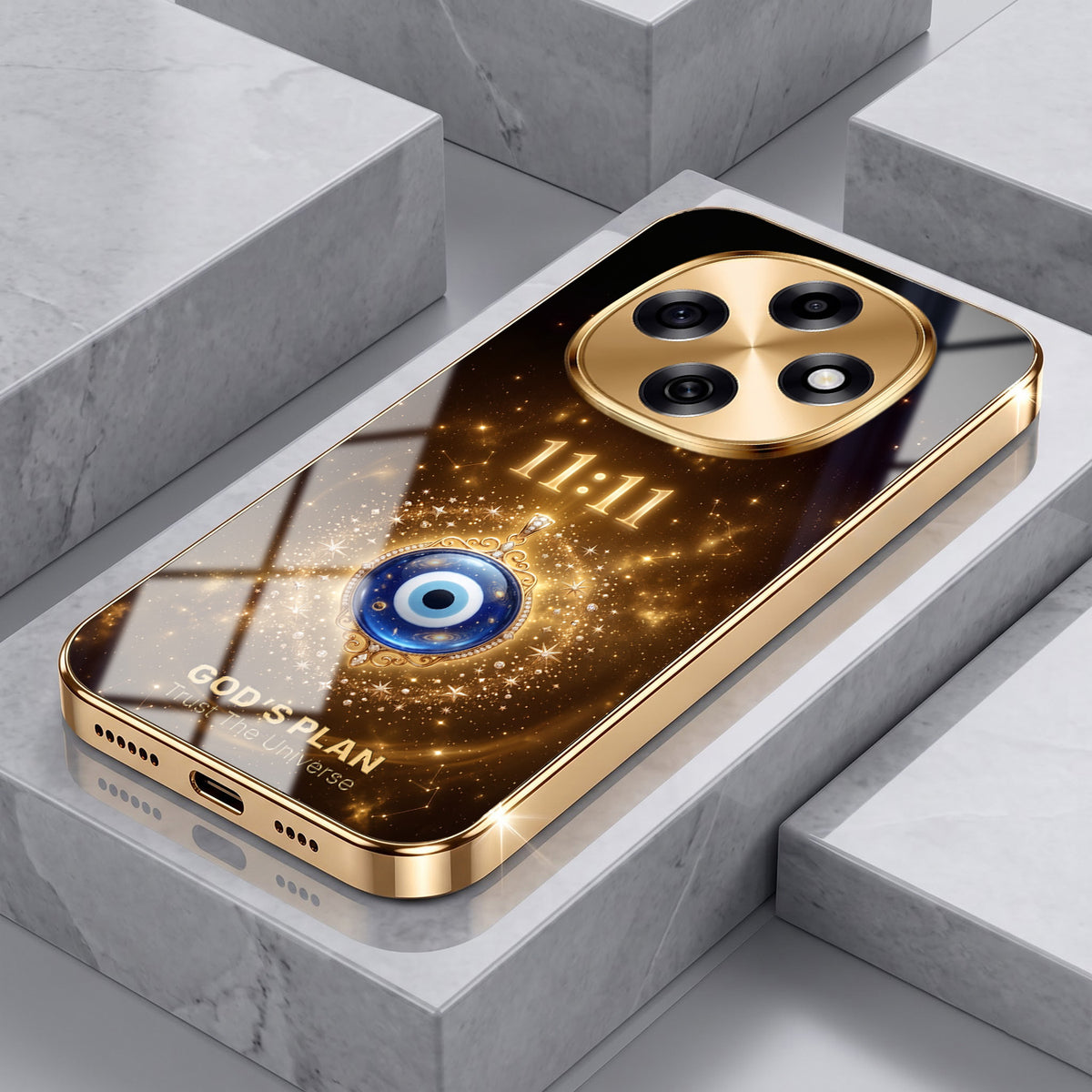 OPPO F31 Pro 5G God’s Plan Evil Eye Gold Electroplated Glass Phone Back Case