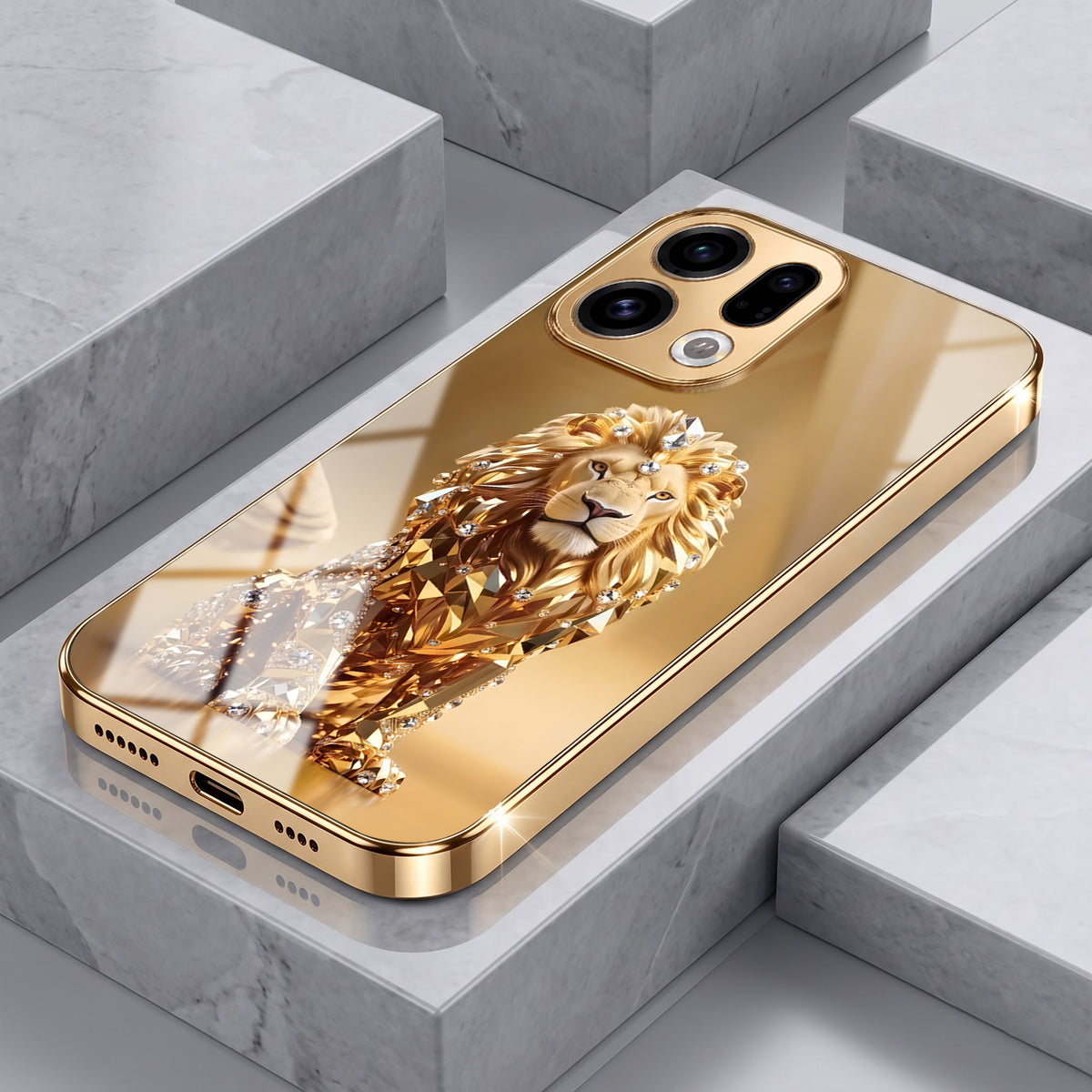 Oppo Find X9 5G Luxury Lion Gold Electroplated Glass Phone Back Case
