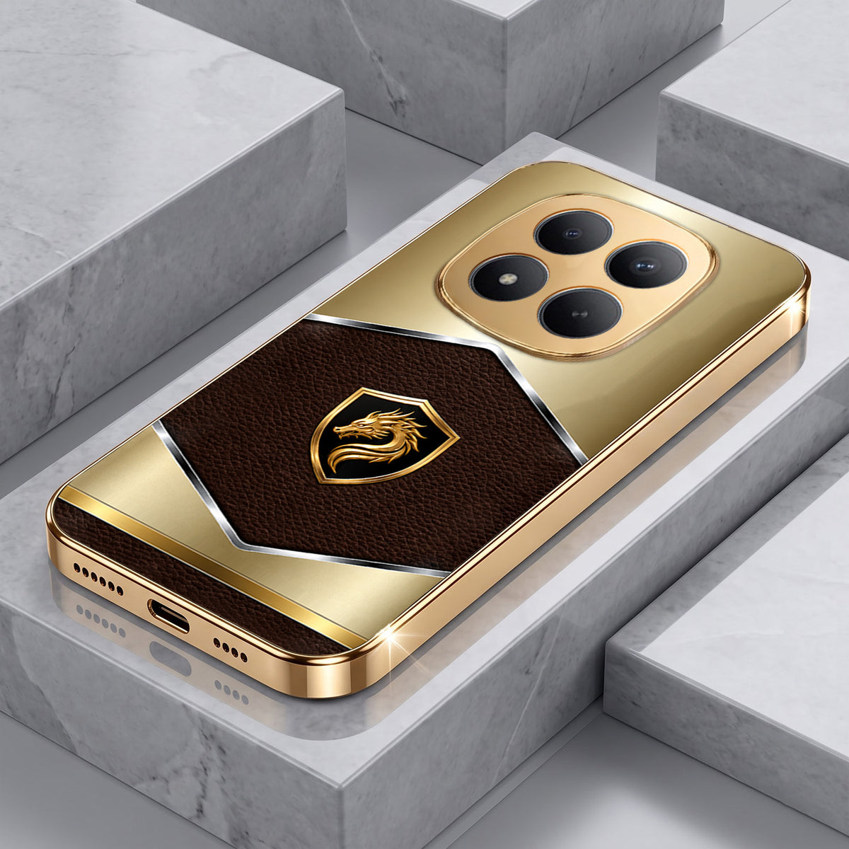 Redmi Note 15 Pro+ 5G Dragon Crest Gold Electroplated Glass Phone Back Case