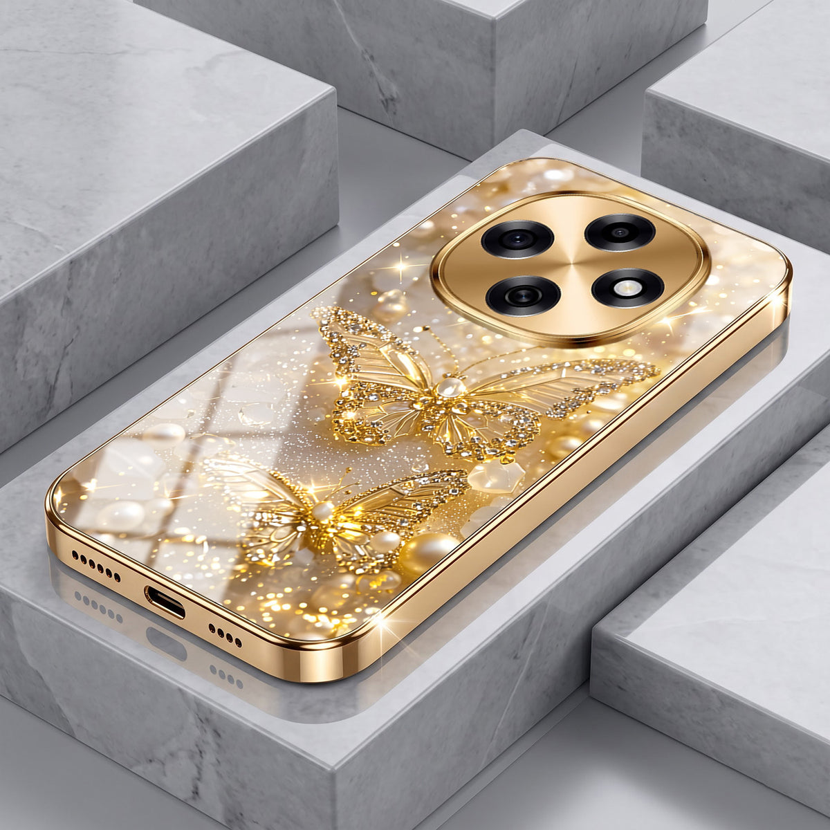 OPPO F31 Pro 5G Golden Butterfly Gold Electroplated Glass Phone Back Case