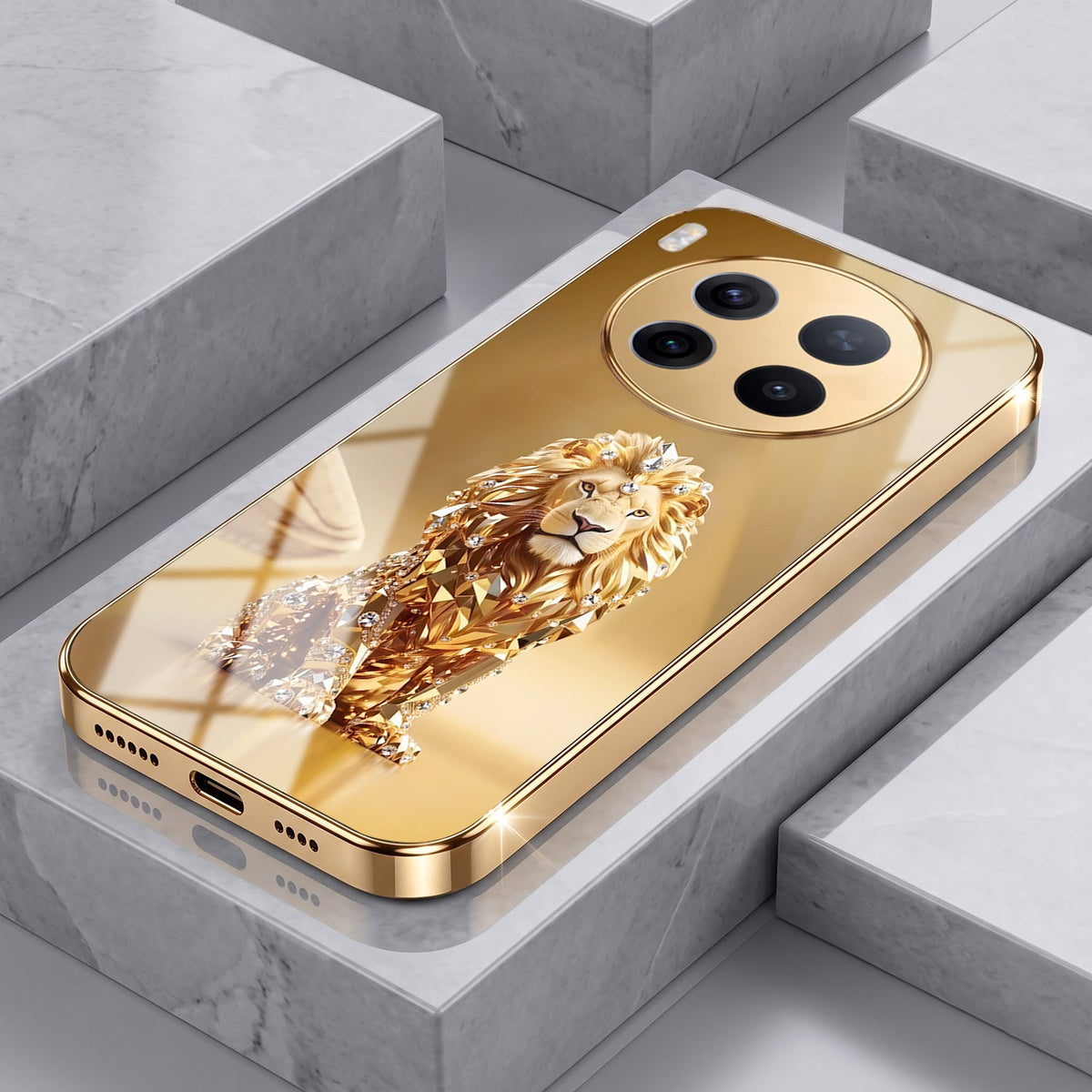 Vivo X300 Pro 5G Luxury Lion Gold Electroplated Glass Phone Back Case