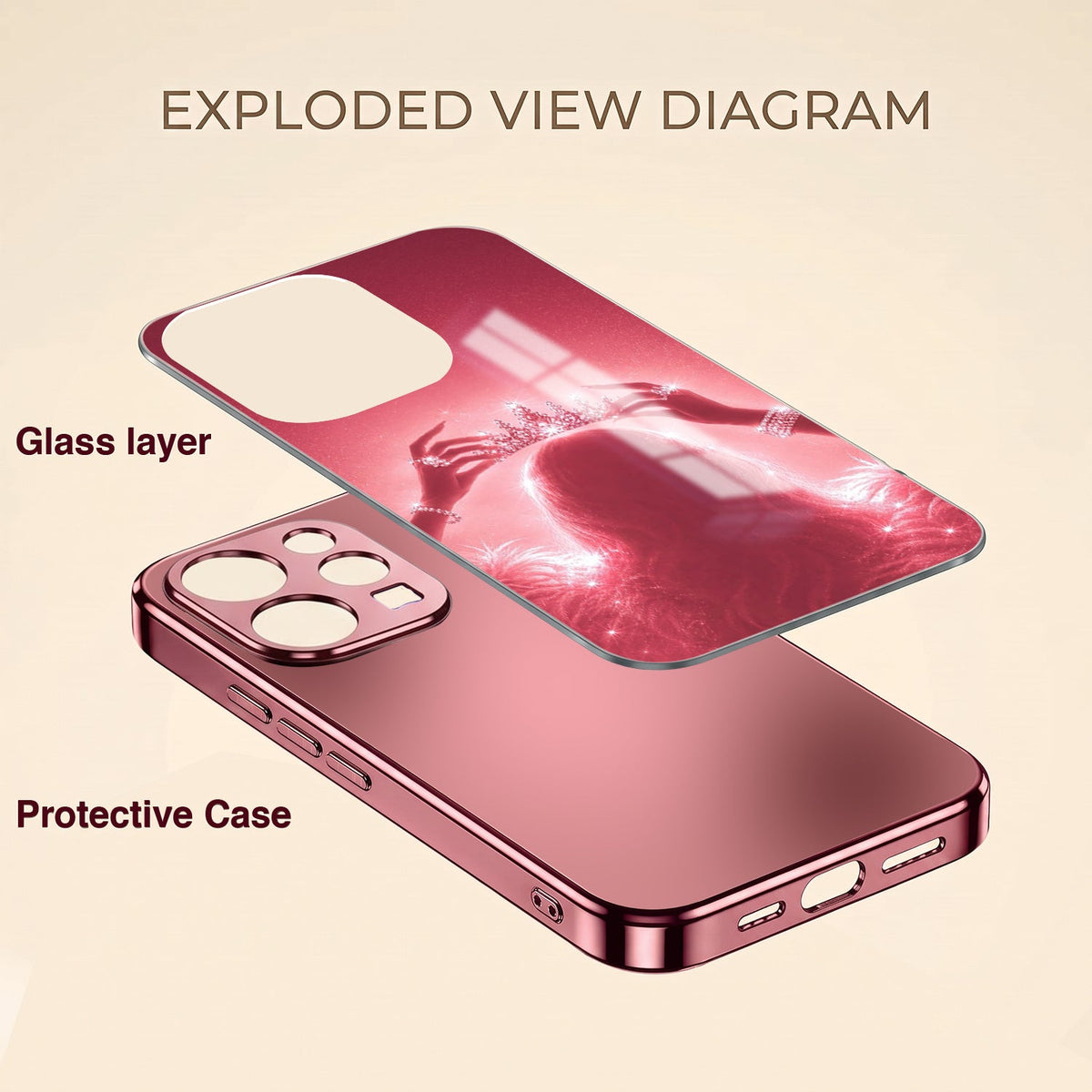 Vivo V70 5G Luxury Crown Queen Pink Electroplated Glass Phone Back Case