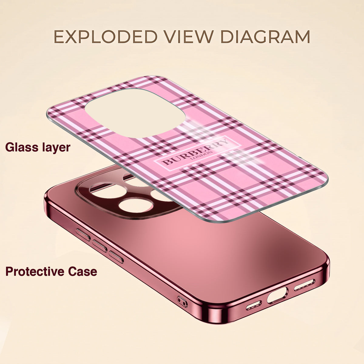 Redmi Note 15 Pro+ 5G Burberry Classic Pink Electroplated Glass Phone Back Case