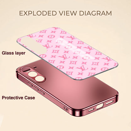 Samsung Galaxy A56 5G Luxury Monogram Pink Electroplated Glass Phone Back Case