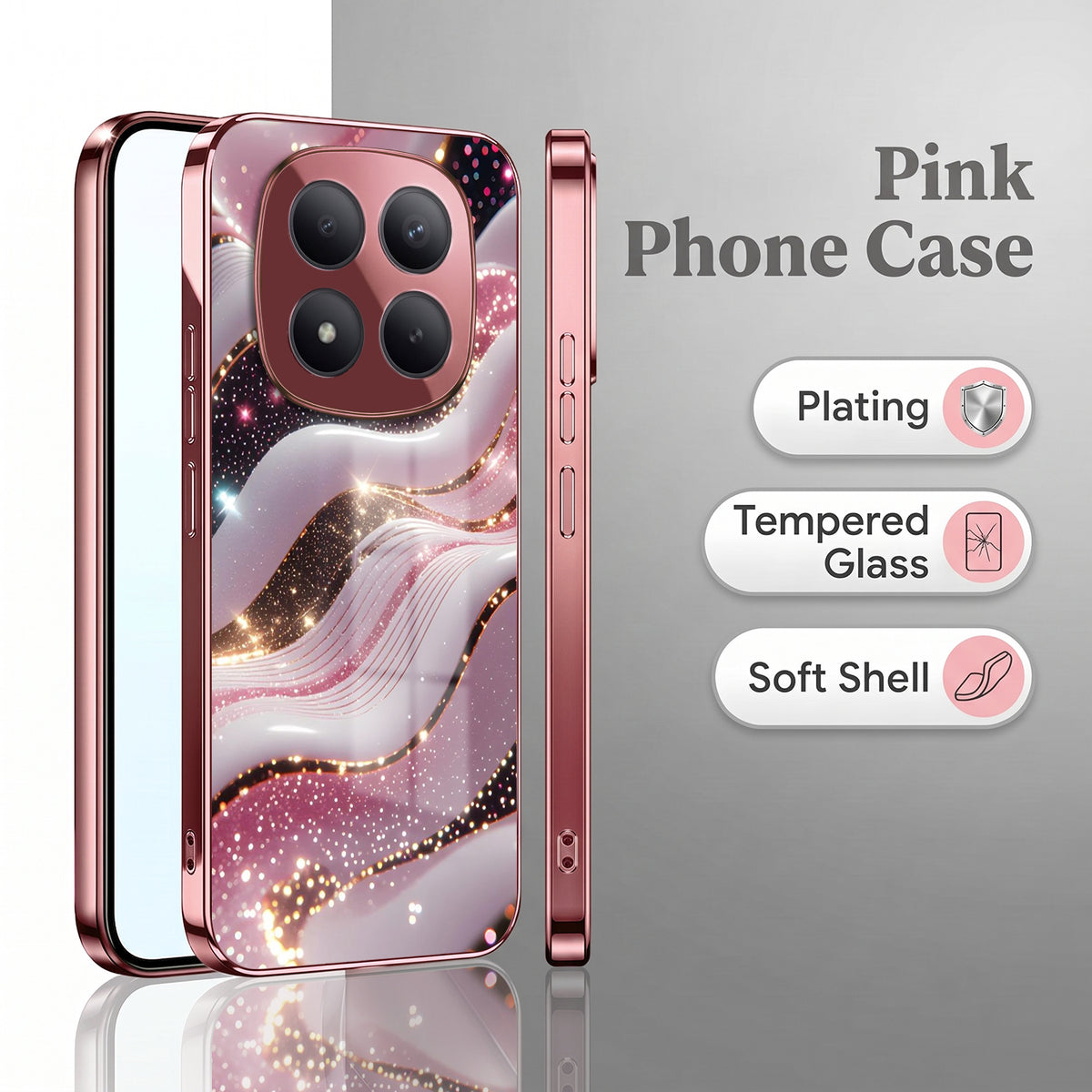 Redmi Note 15 Pro+ 5G Midnight Pearl Wave Pink Electroplated Glass Phone Back Case
