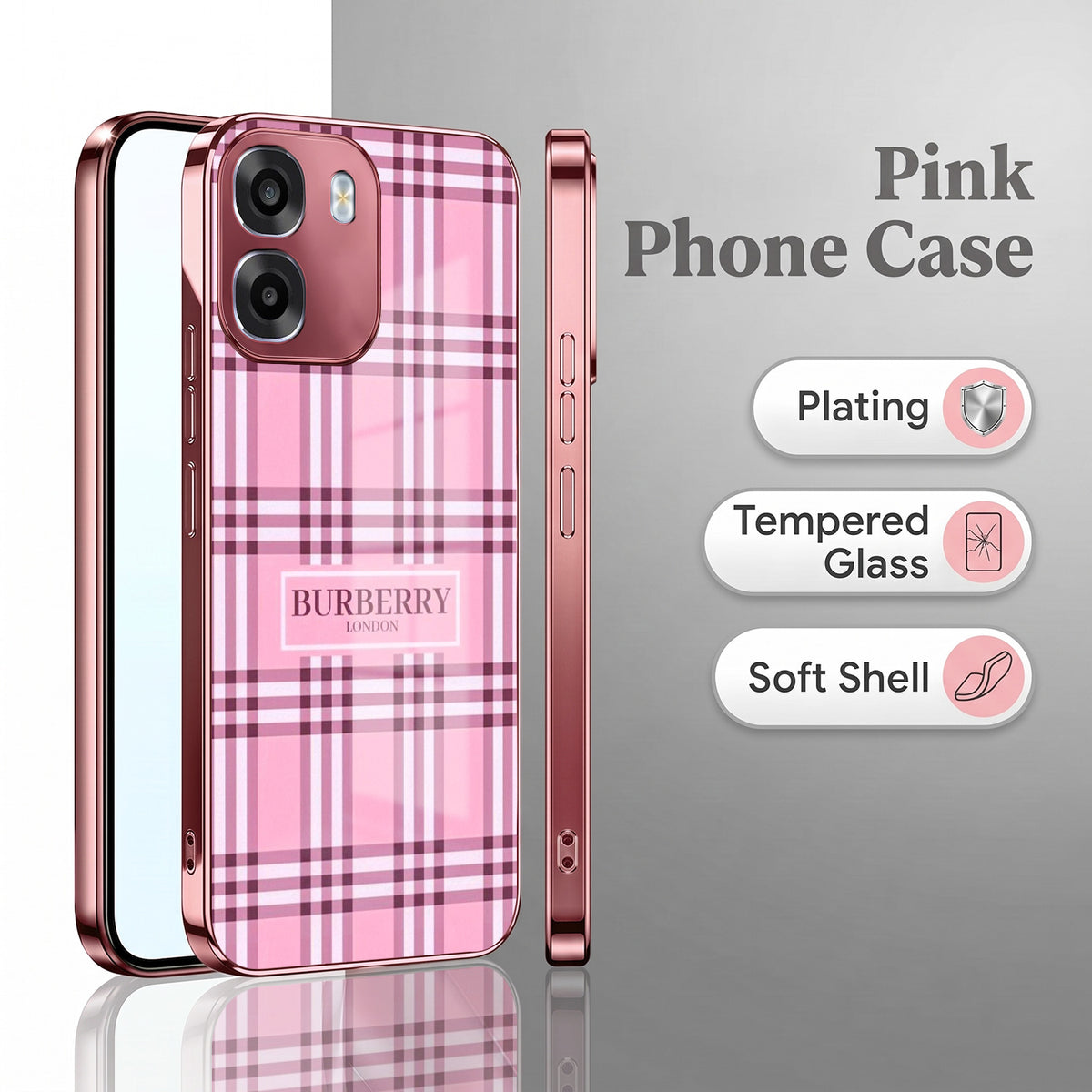 Oppo K14 5G Burberry Classic Pink Electroplated Glass Phone Back Case