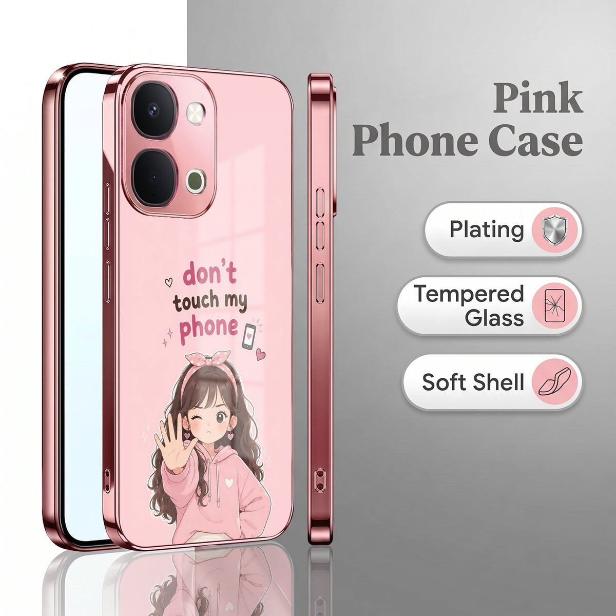 Vivo T5x 5G Luxury Anime Girl Pink Electroplated Glass Phone Back Case