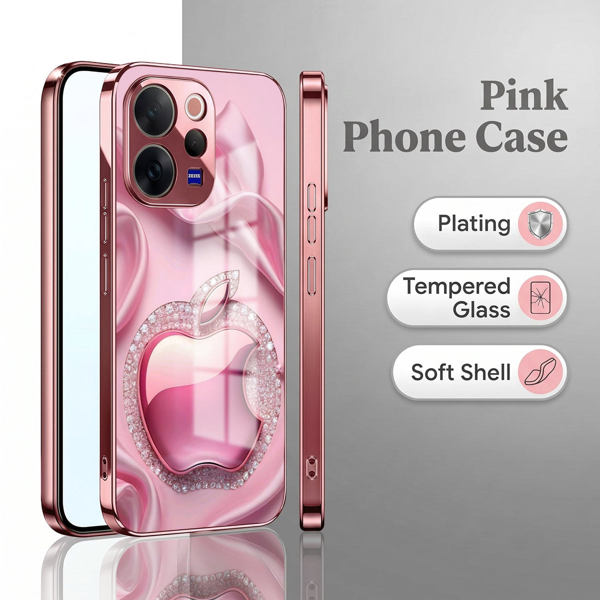 Vivo V70 5G Luxury Apple Logo Pink Electroplated Glass Phone Back Case