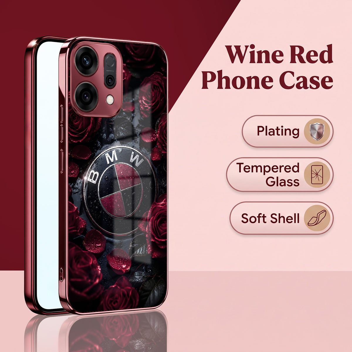 Oppo Reno 14 5G BMW Logo Burgundy Electroplated Glass Back Case