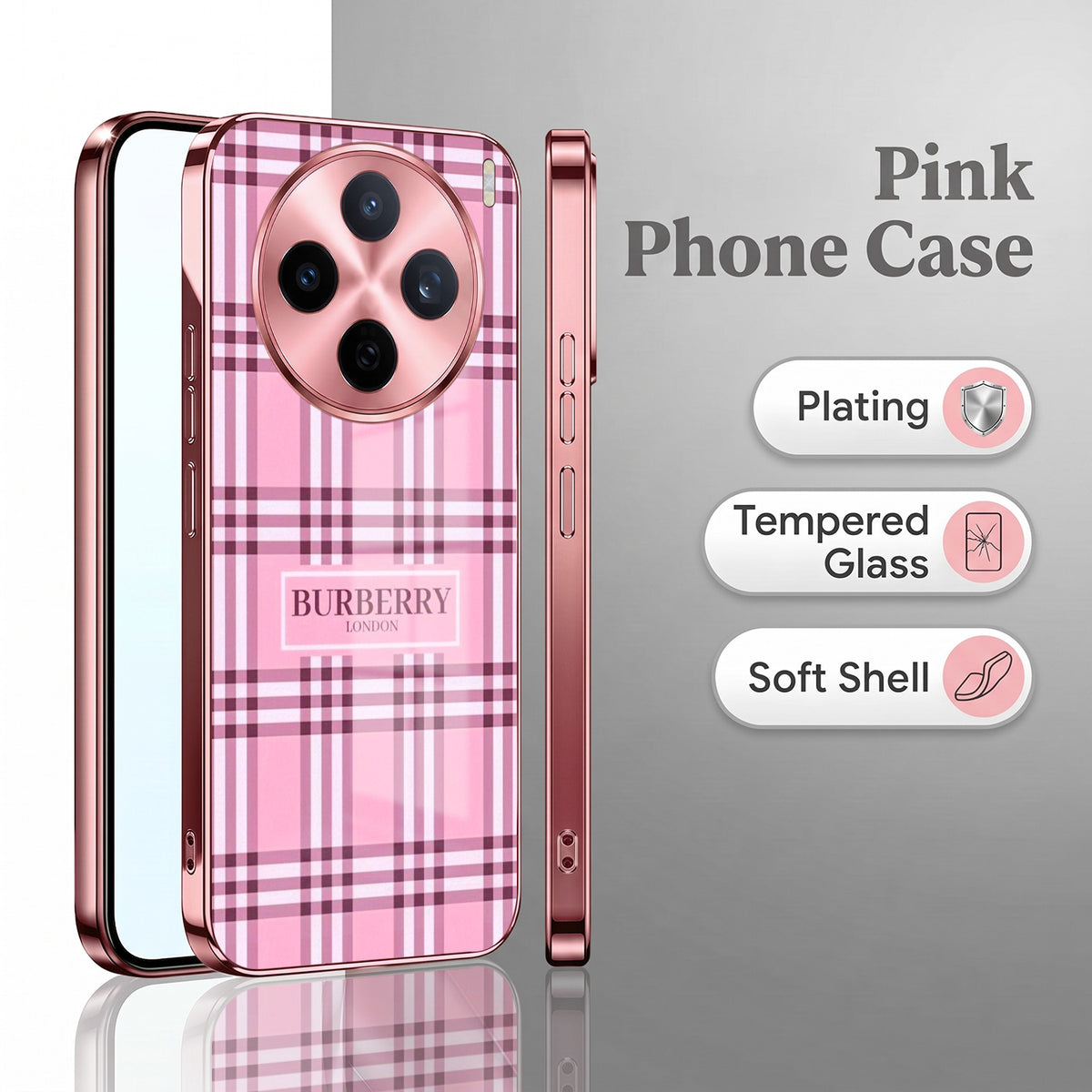 Vivo X200T 5G Burberry Classic Pink Electroplated Glass Phone Back Case