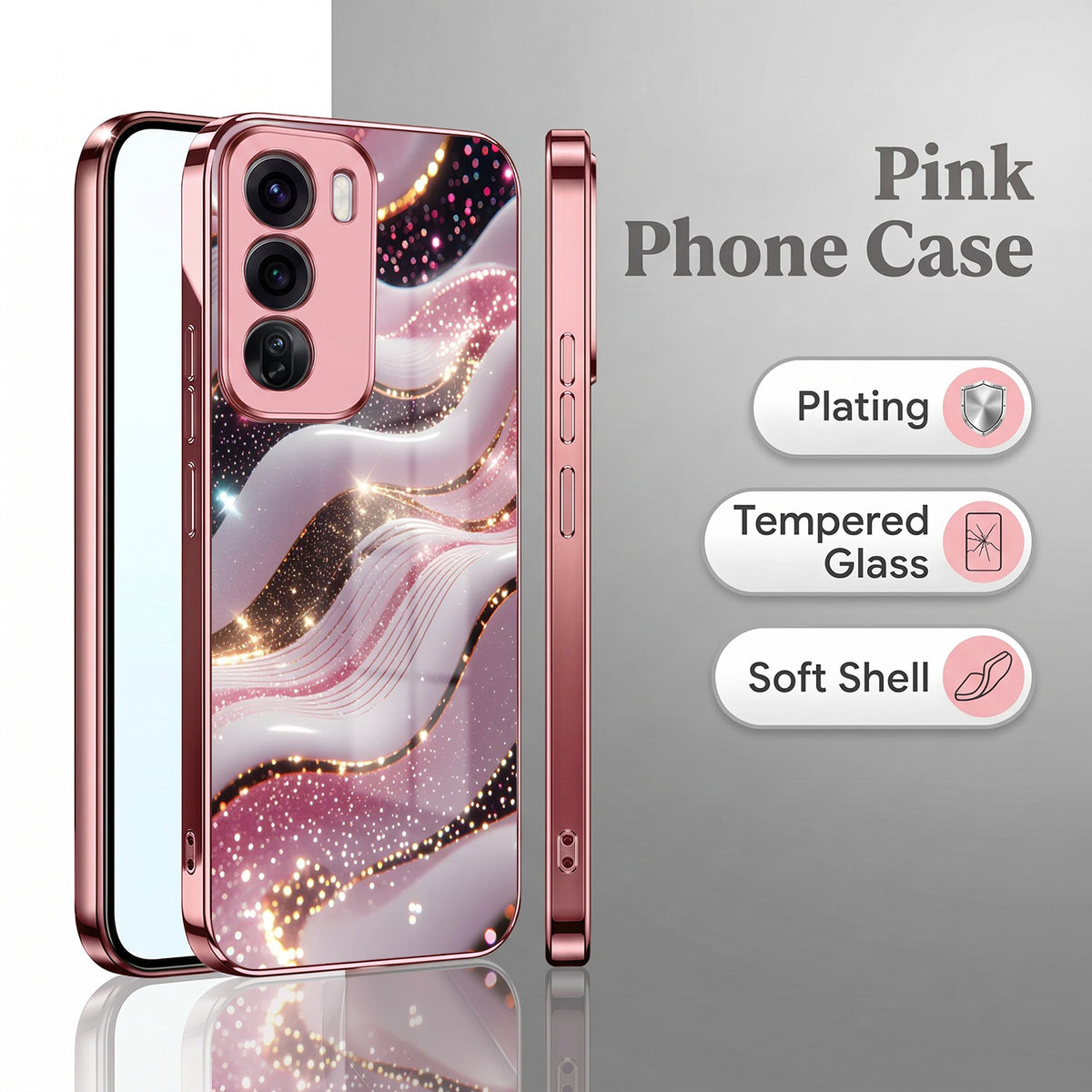 Oppo Reno 12 Pro 5G Midnight Pearl Wave Pink Electroplated Glass Phone Back Case