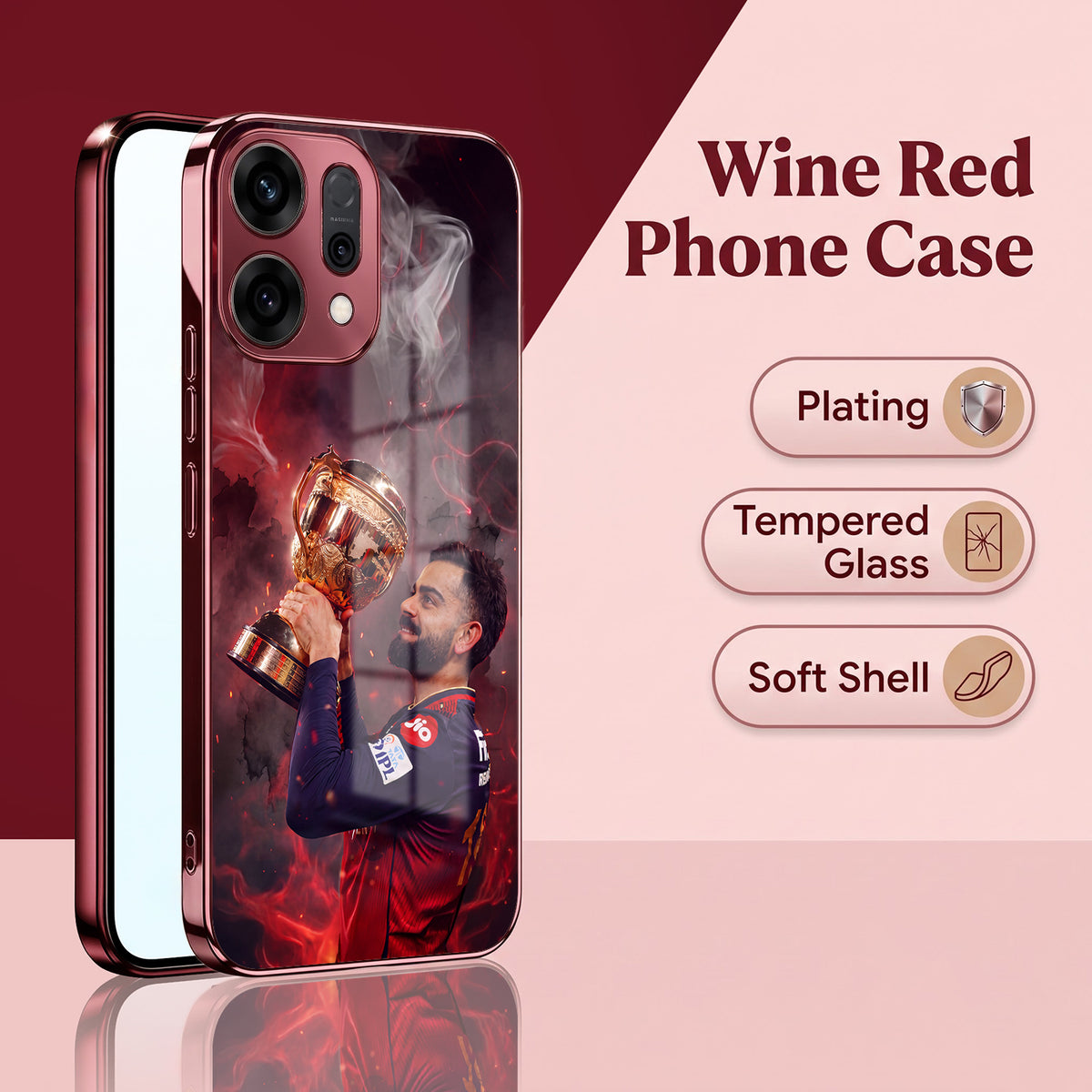 Oppo Reno 14 5G Virat Kohli Burgundy Electroplated Glass Back Case