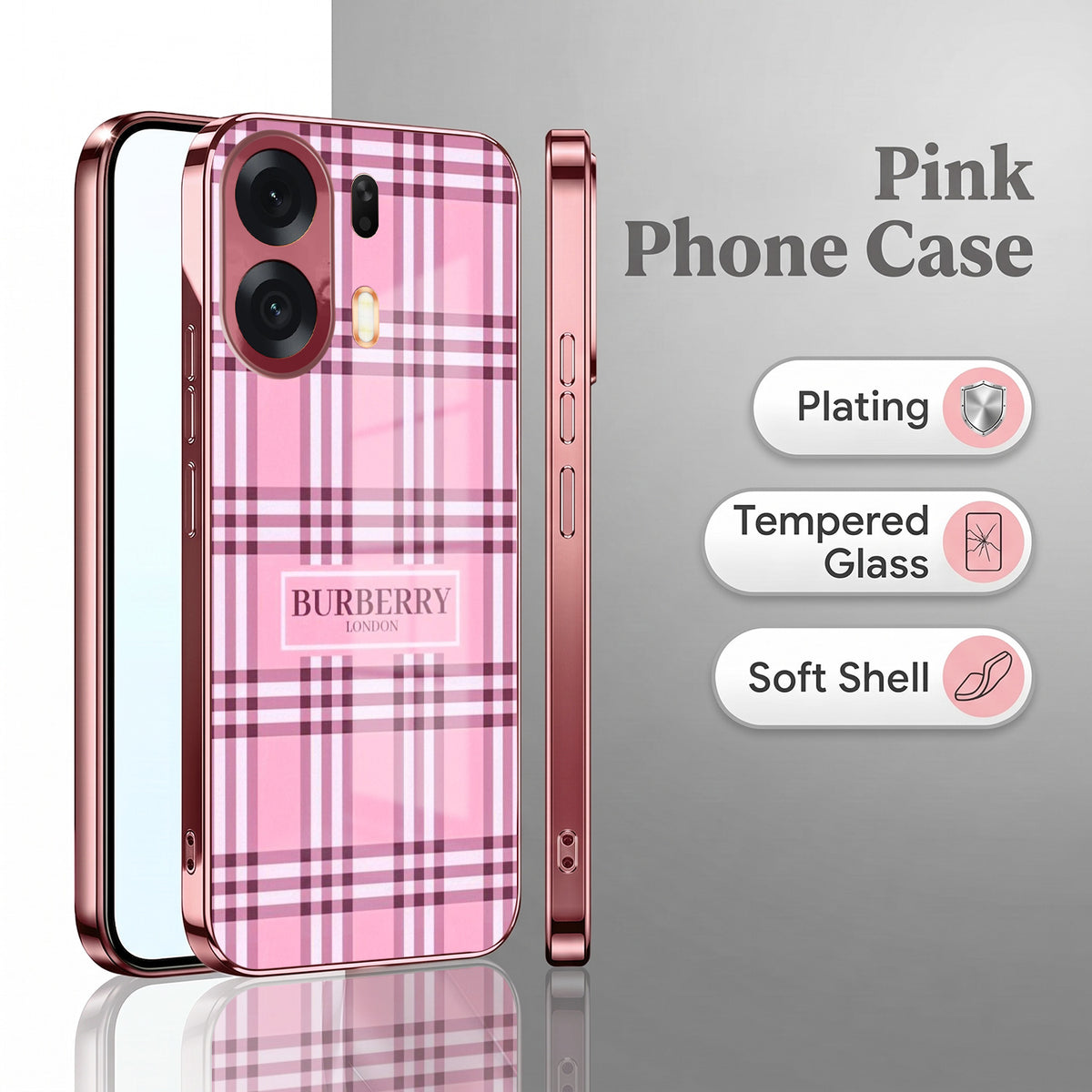 Oppo K14 Plus 5G Burberry Classic Pink Electroplated Glass Phone Back Case