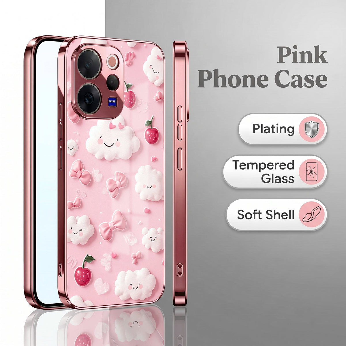 Vivo V70 5G Luxury 3D Clouds Pink Electroplated Glass Phone Back Case