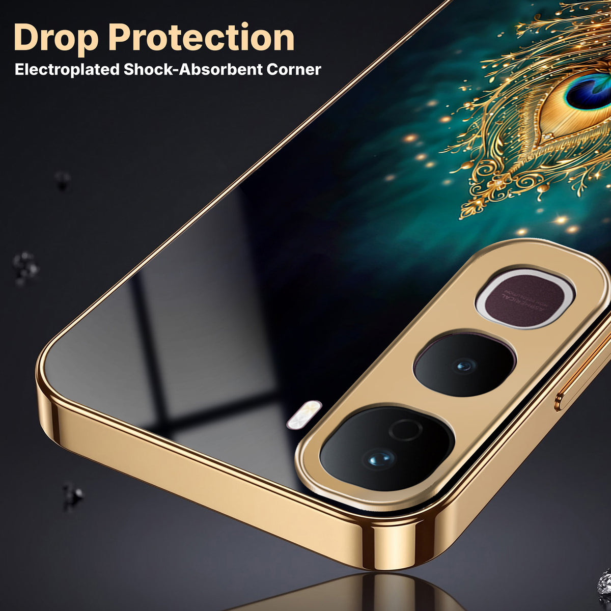 Vivo Y400 Pro 5G Golden Peacock Feather Gold Electroplated Glass Phone Back Case