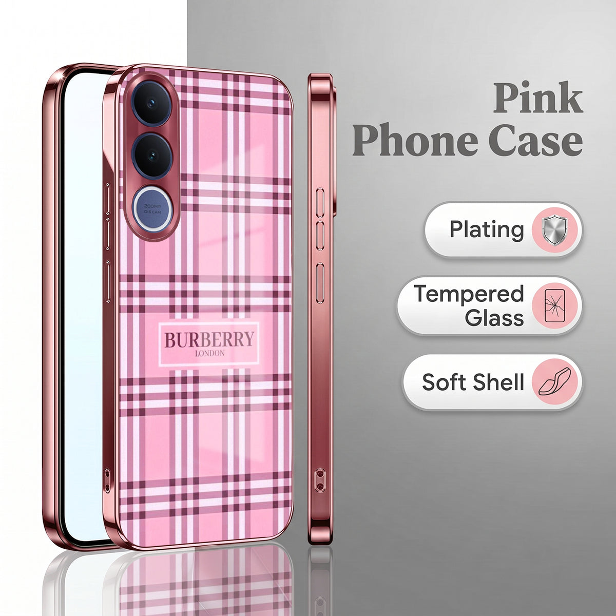 Vivo V70 FE 5G Burberry Classic Pink Electroplated Glass Phone Back Case