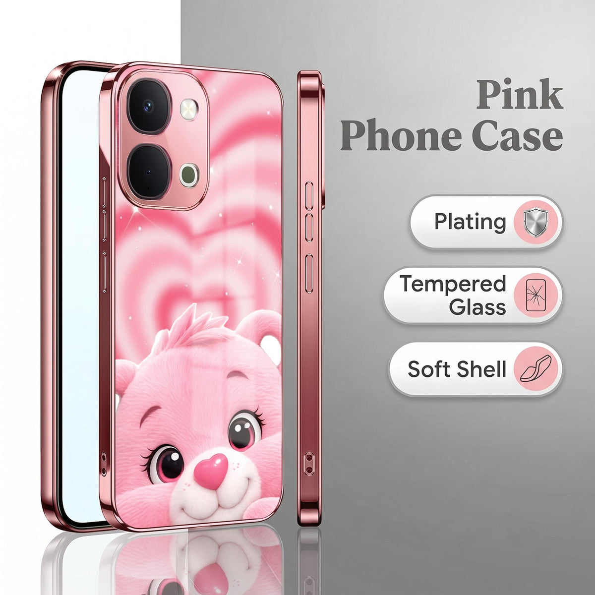 Vivo T5x 5G Luxury Cute Teddy Pink Electroplated Glass Phone Back Case