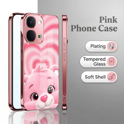 Vivo T5x 5G Luxury Cute Teddy Pink Electroplated Glass Phone Back Case