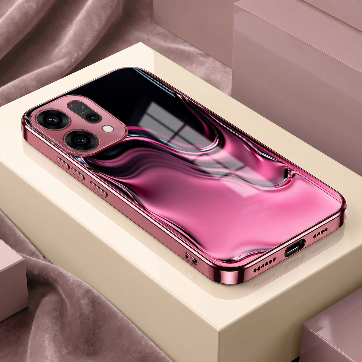 Oppo Reno 14 5G Liquid Wave Pink Electroplated Glass Phone Back Case