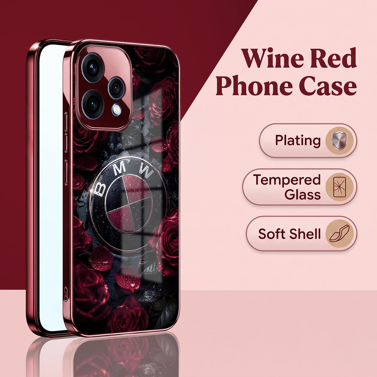 Oppo Reno 15 5G BMW Logo Burgundy Electroplated Glass Back Case