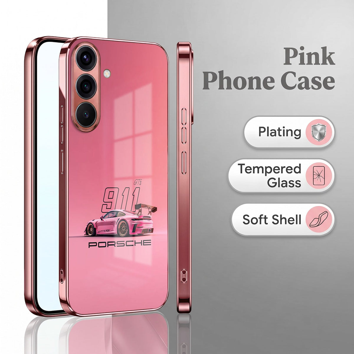 Samsung Galaxy A36 5G Luxury Porsche 911 Pink Electroplated Glass Phone Back Case
